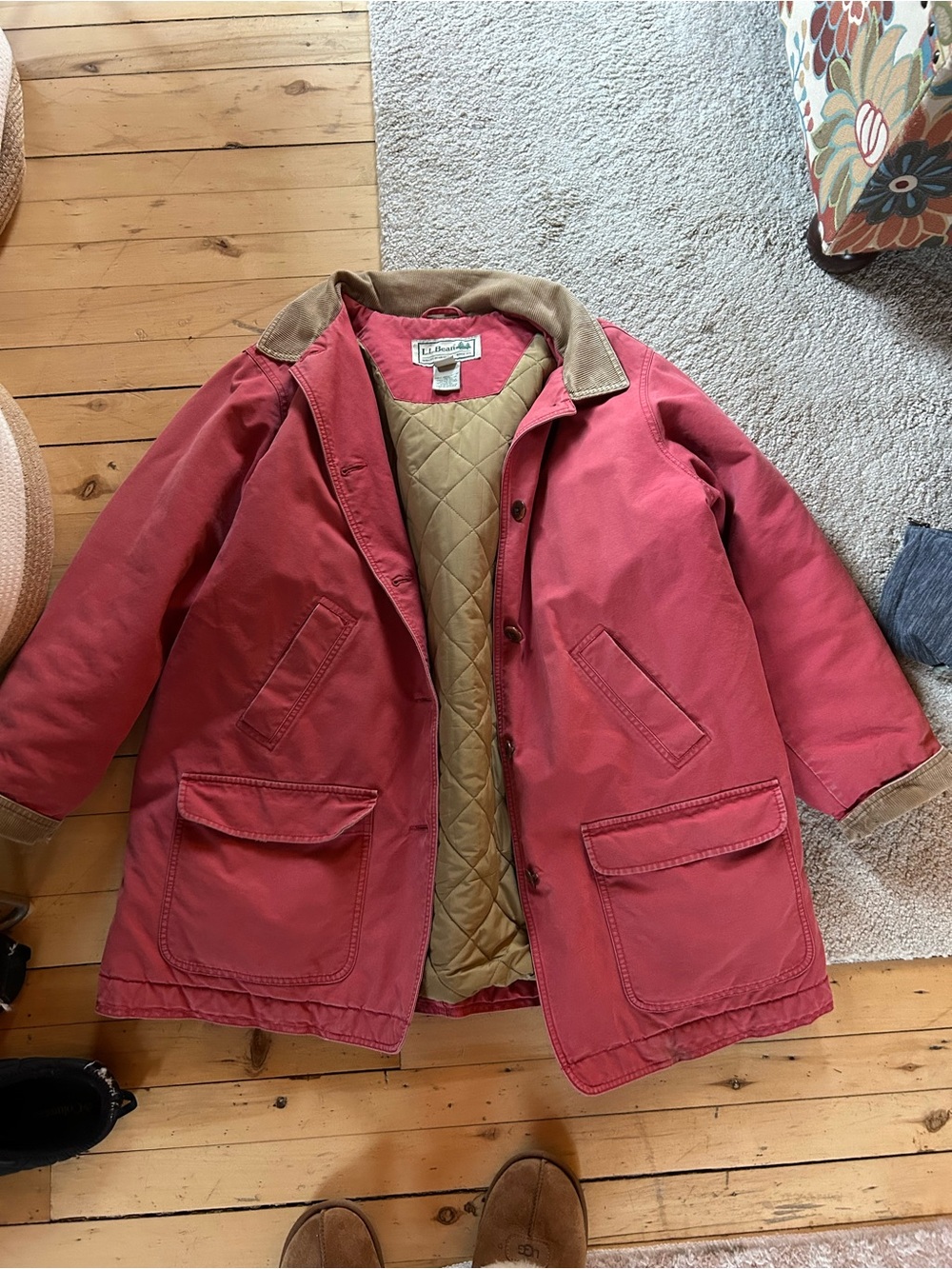 Vintage L.L. Bean Coral Utility Jacket / Barn Coat with Tan Corduroy Collar